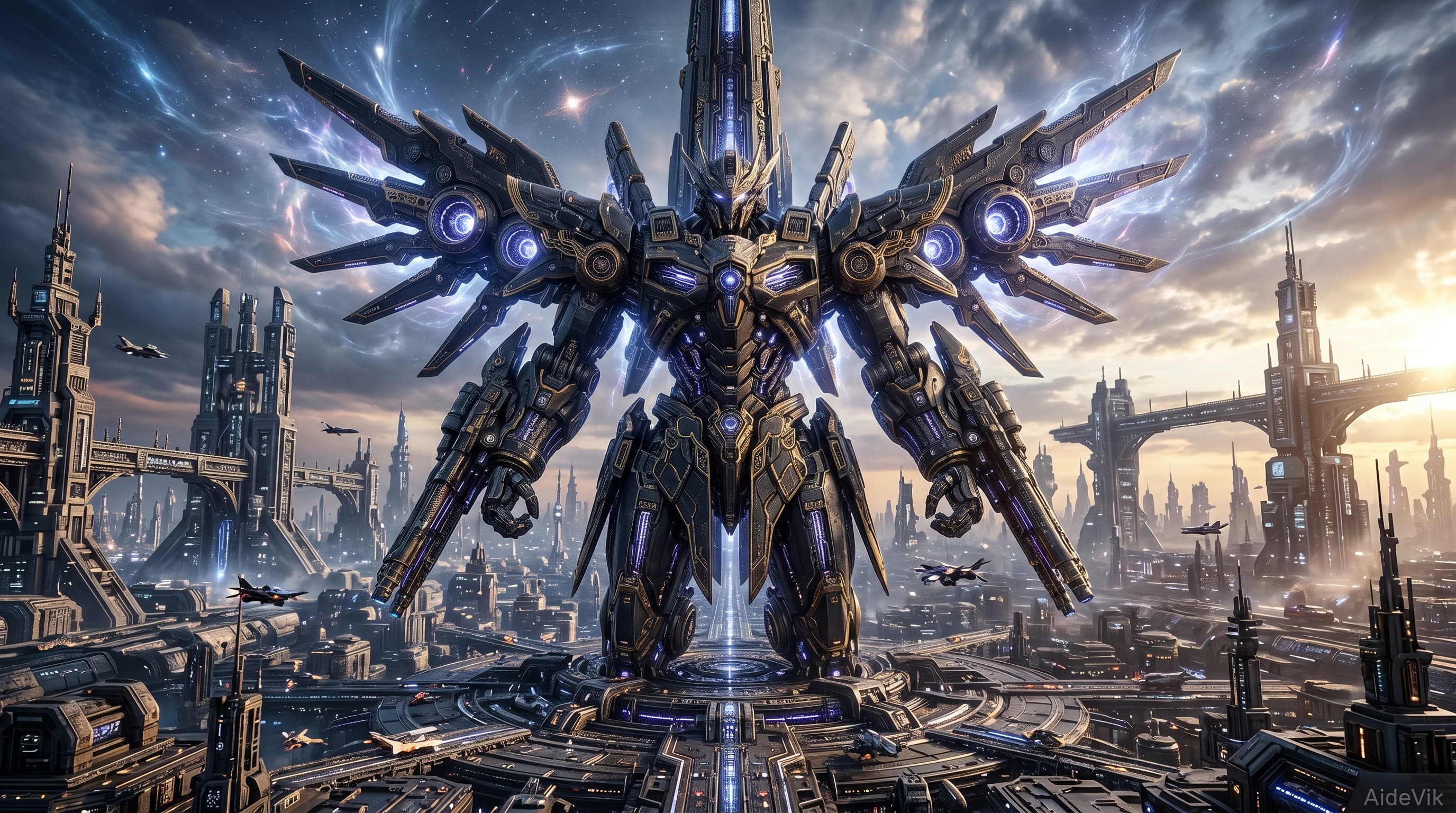Giant winged mech standing in a future city.